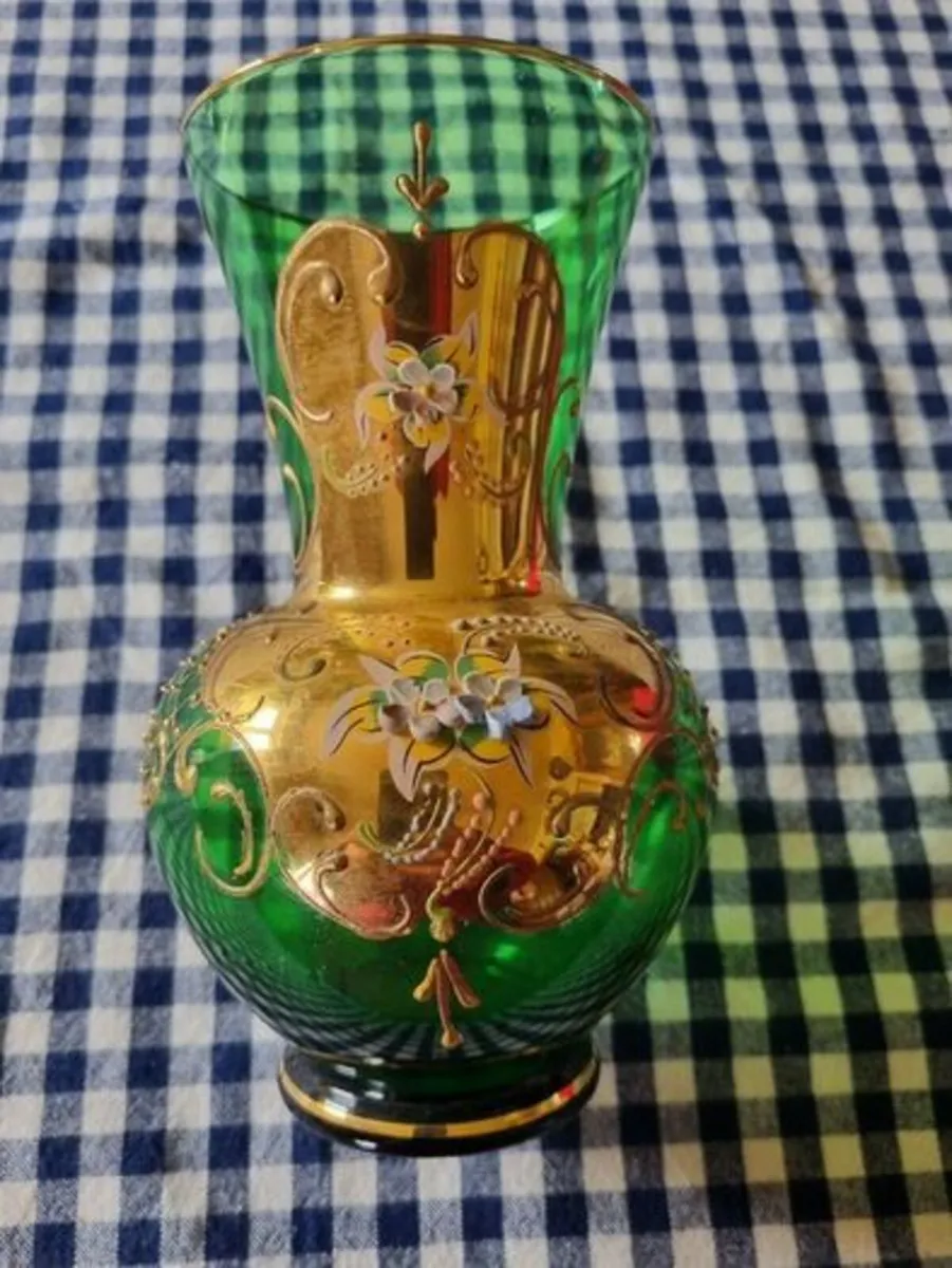 Vintage Bohemian Glass Czech Green Gold Vase - Image 3
