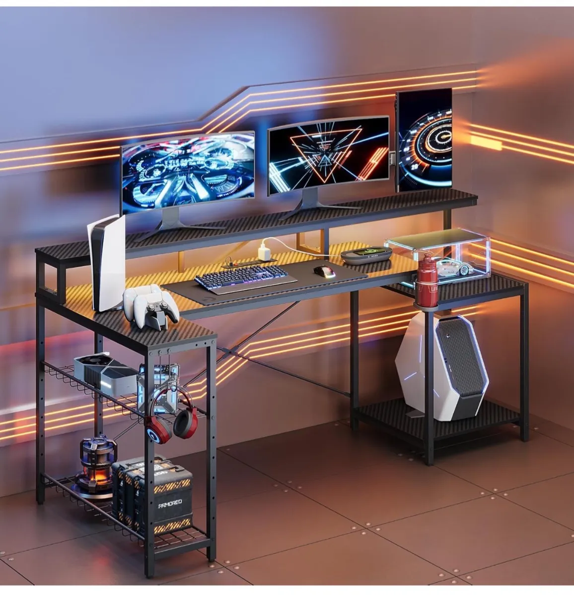 181CM L-Shaped Gaming Desk with RGB LED Lights, Po - Image 3