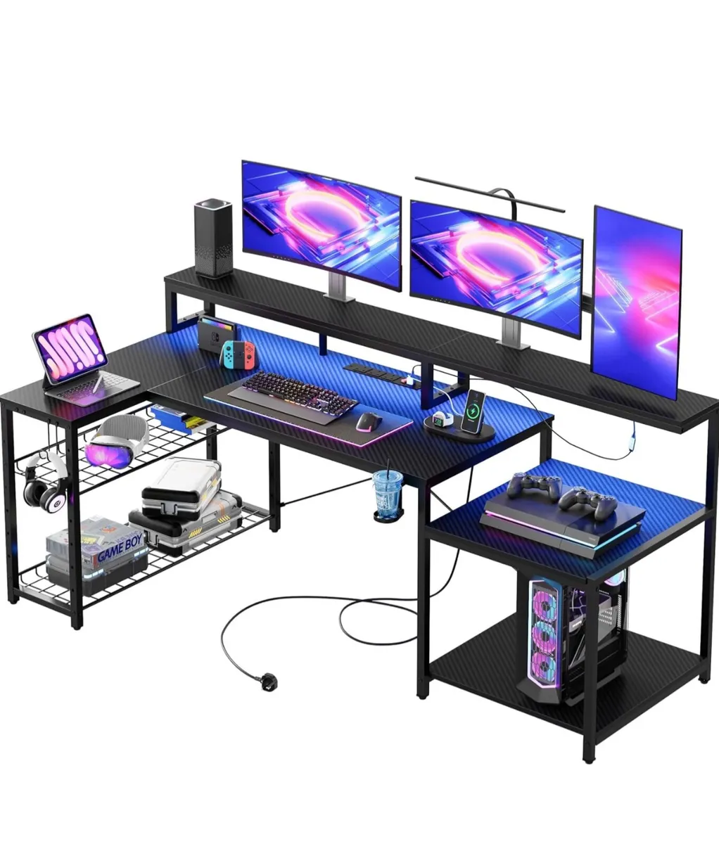 181CM L-Shaped Gaming Desk with RGB LED Lights, Po - Image 4