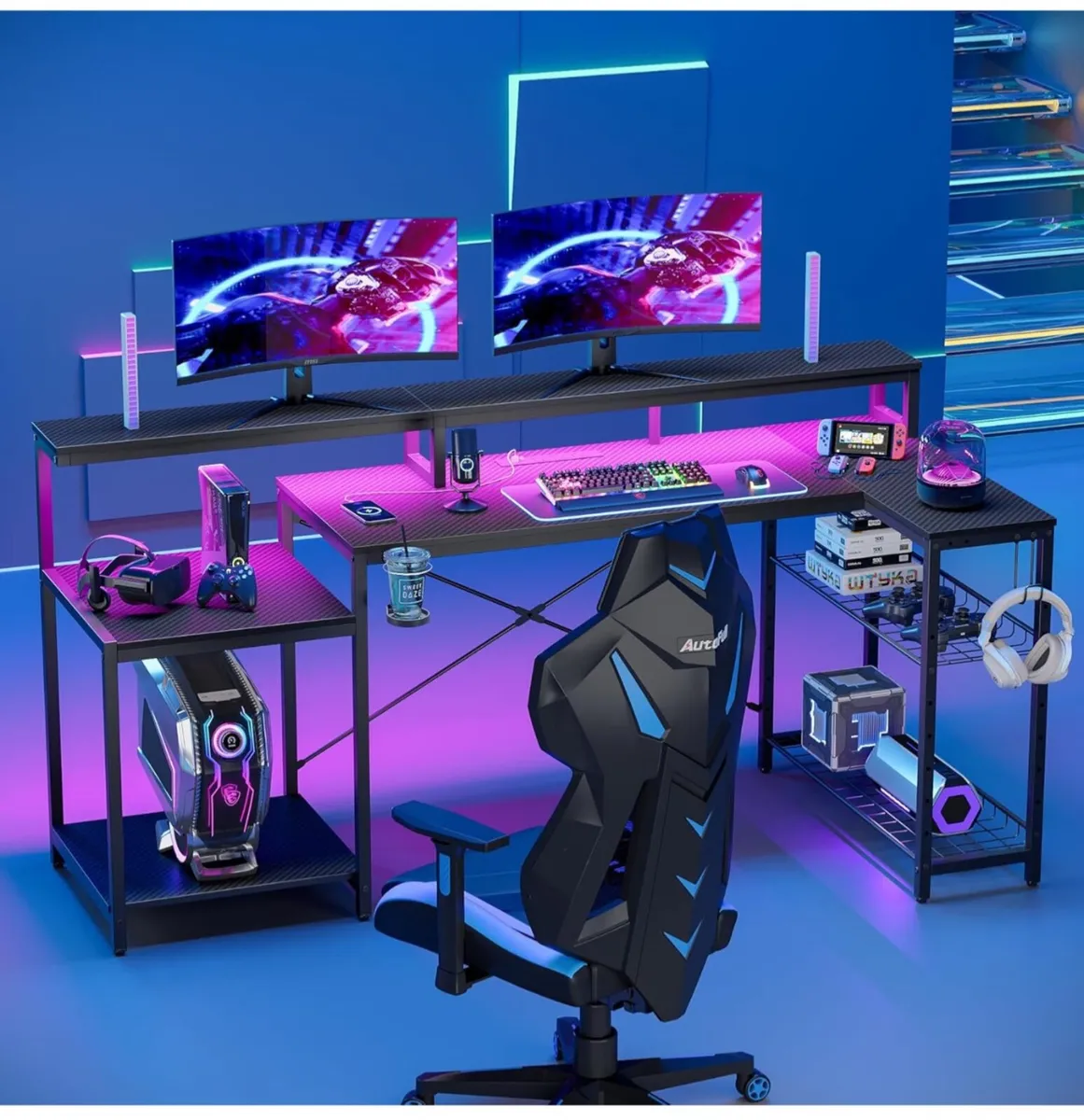 181CM L-Shaped Gaming Desk with RGB LED Lights, Po - Image 3