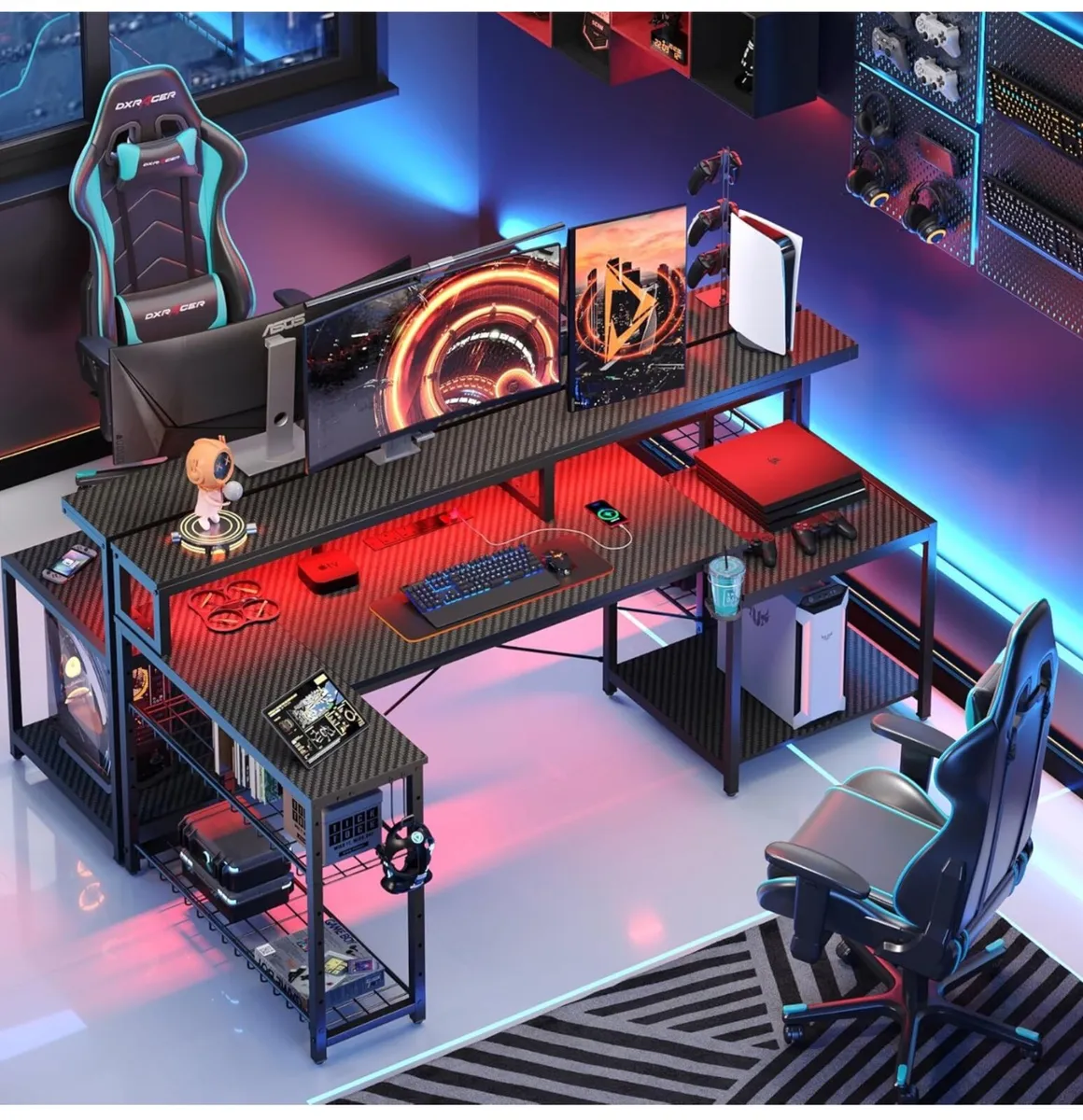 181CM L-Shaped Gaming Desk with RGB LED Lights, Po - Image 1