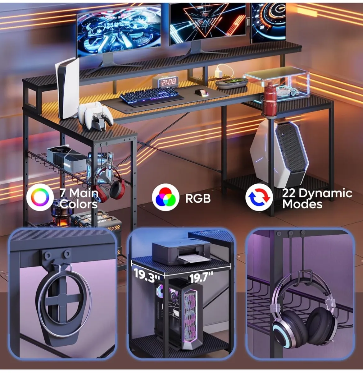 181CM L-Shaped Gaming Desk with RGB LED Lights, Po - Image 4