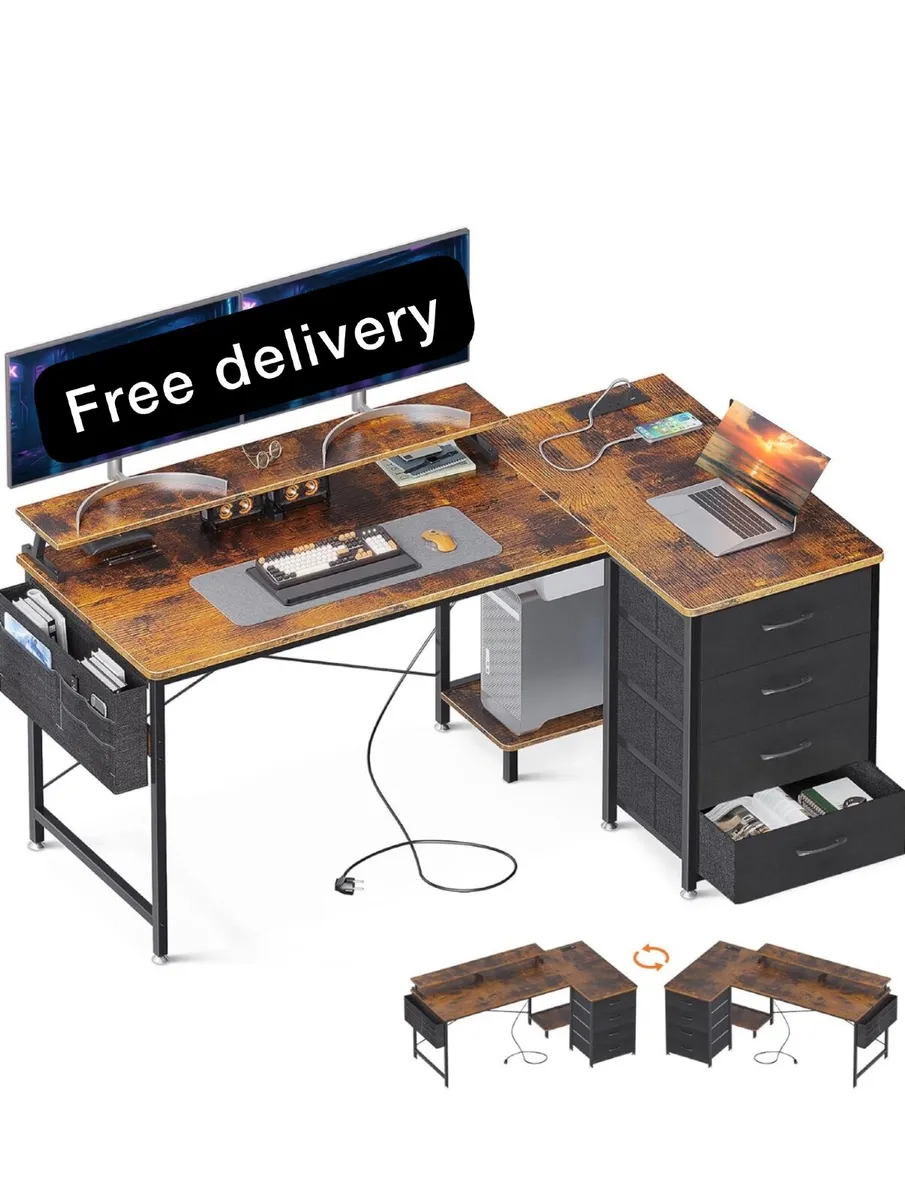 Corner Desk with Drawers, L Shaped Computer Desk 1 - Image 1