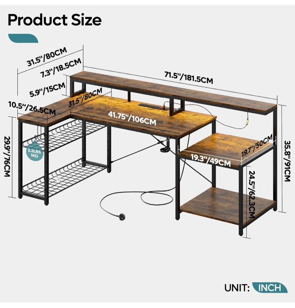 181CM L Shaped Corner Desk with Power Outlets LED - Image 2