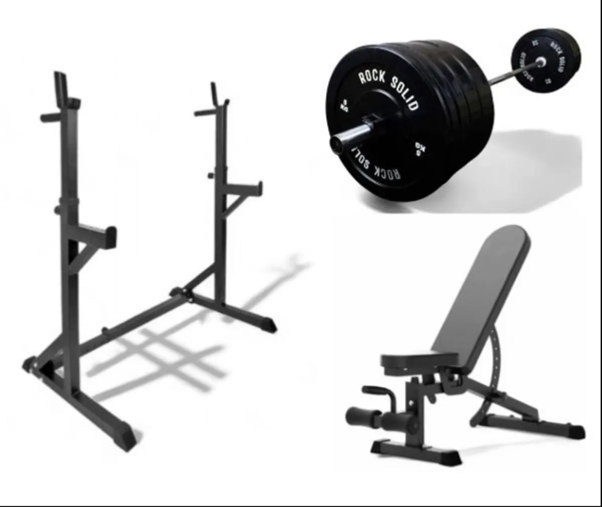 Squat rack, Olympic barbell, 100kg weights, bench - Image 1