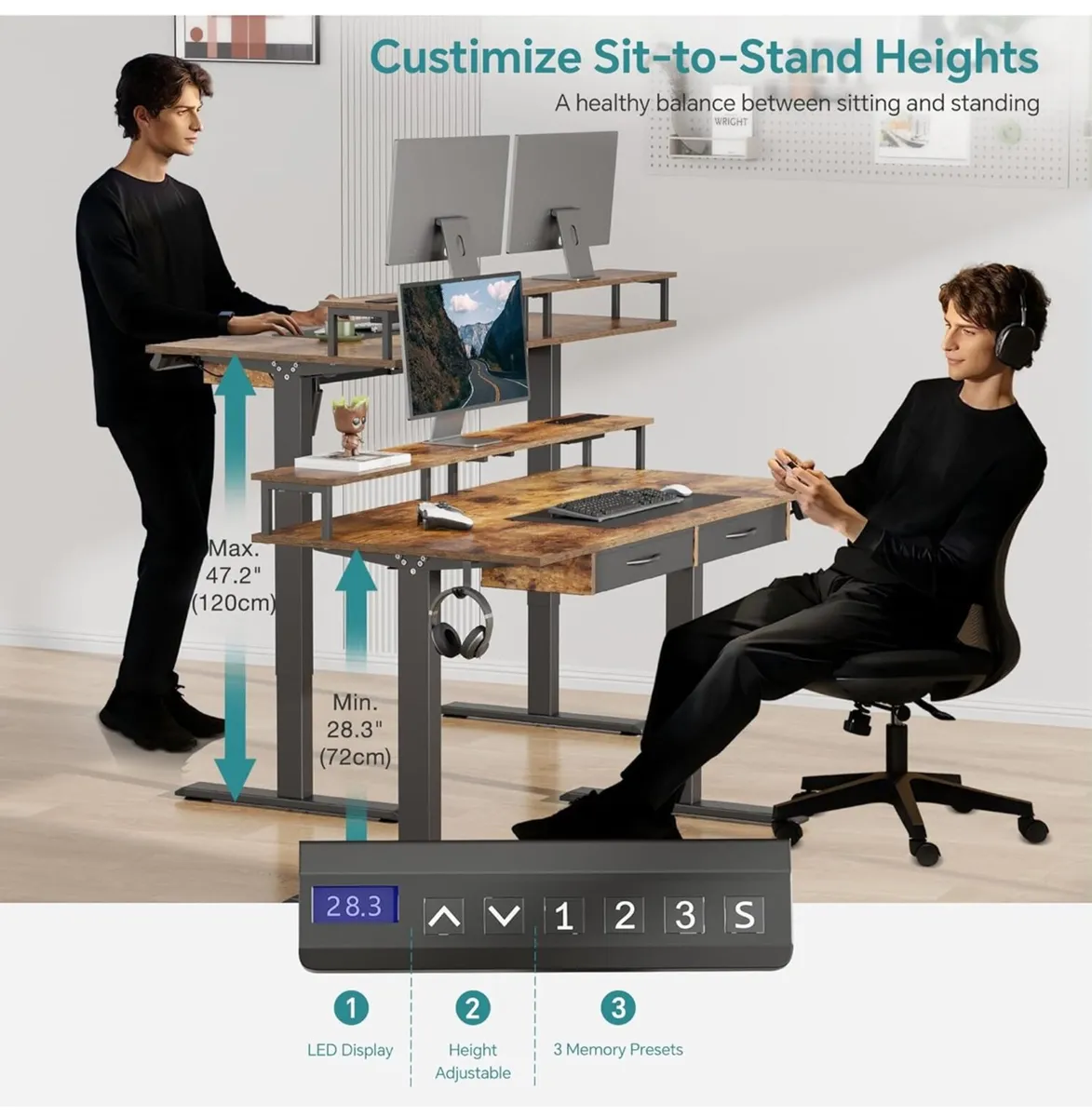 Standing Desk, Electric Height Adjustable Desk wit - Image 3