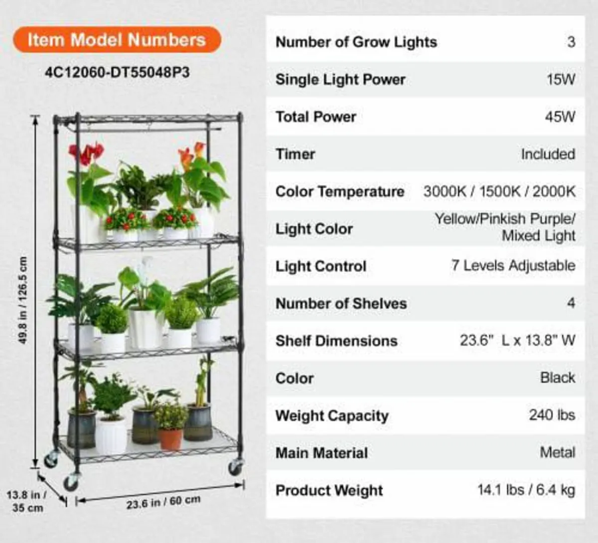Plant Stand with Grow Light, 4 Tiers, 45W Indoor G - Image 4