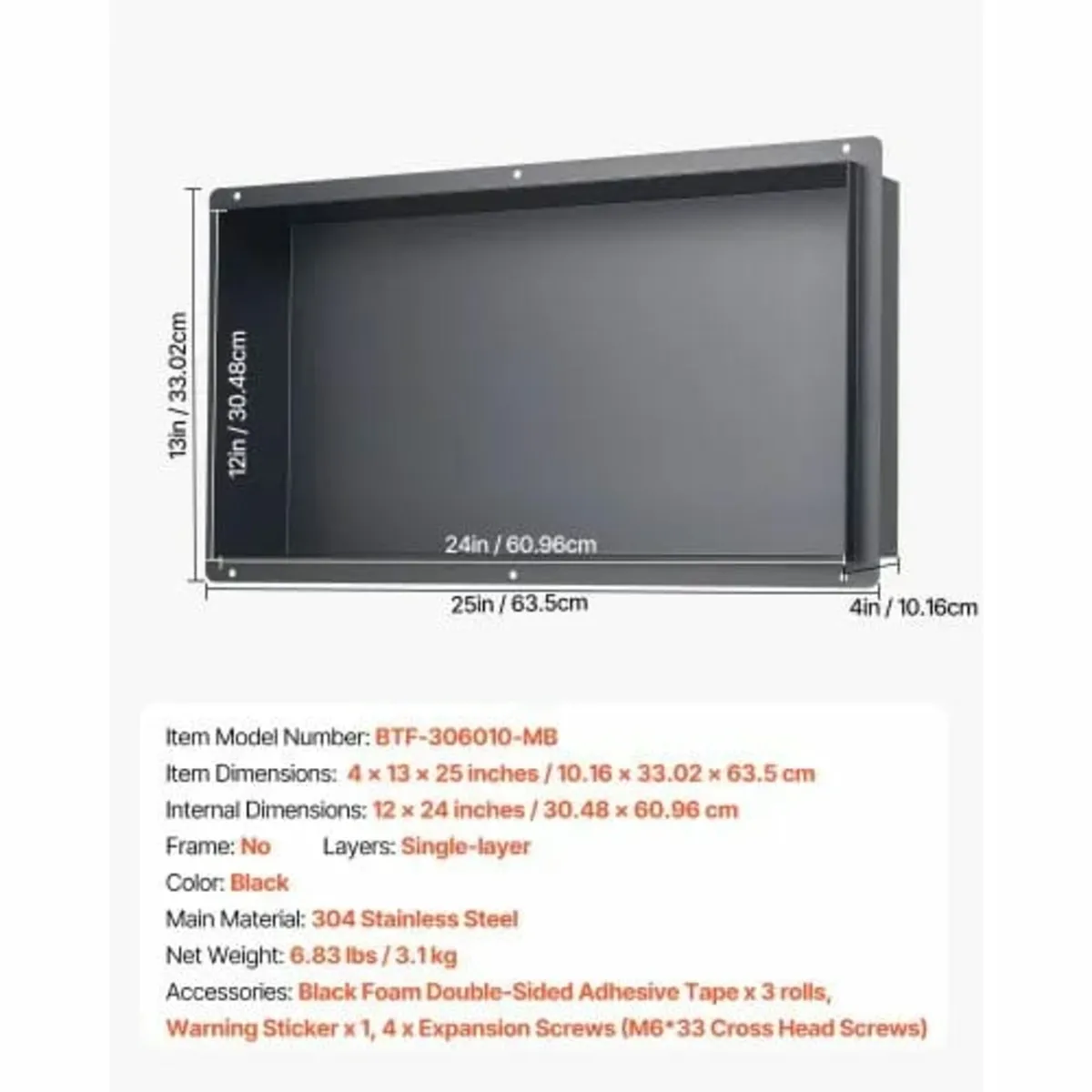 Shower Niche, 33.0 x 63.5 x 10.2 cm Frameless Rece - Image 4