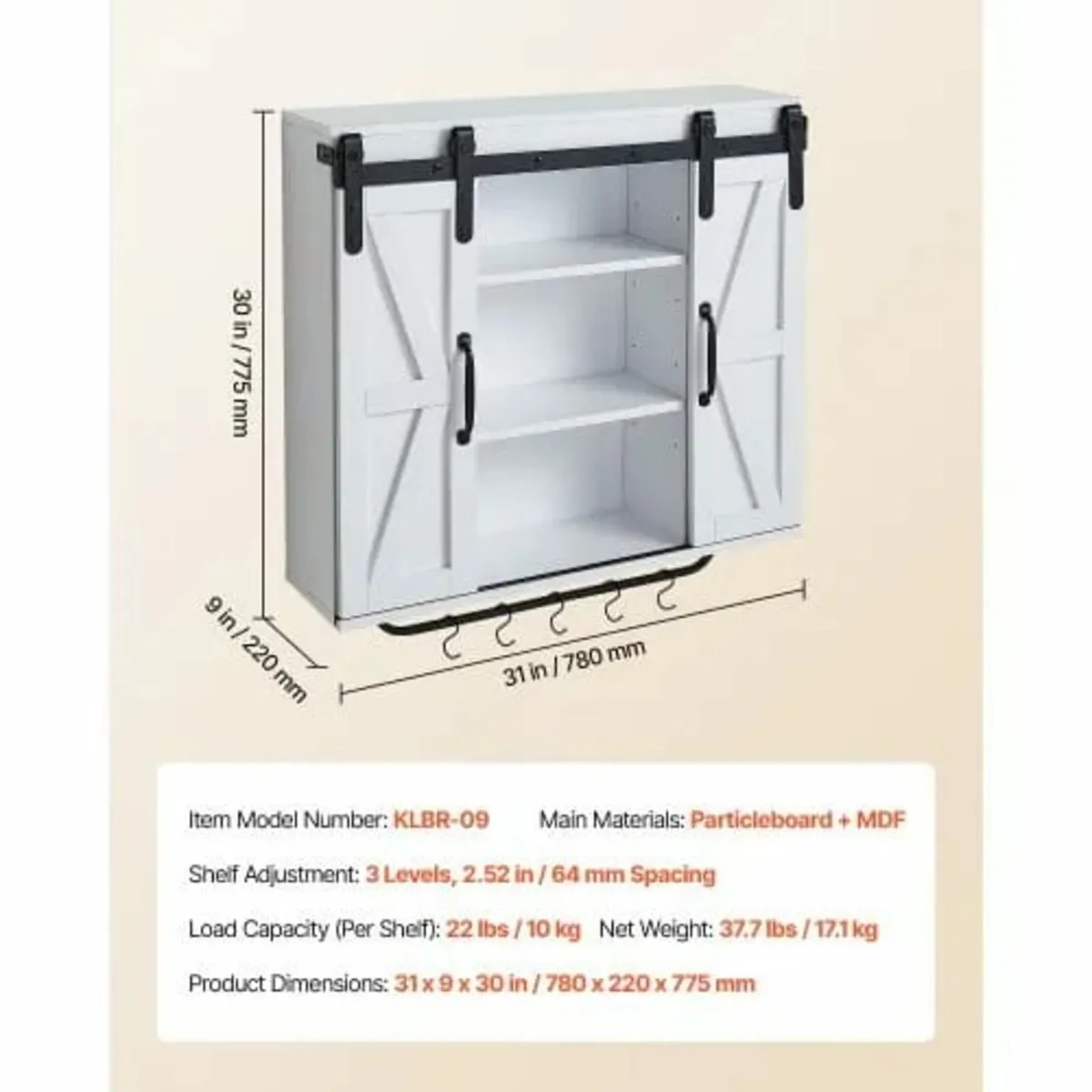 Bathroom Wall Cabinet, 2 Doors and Adjustable Shel - Image 2