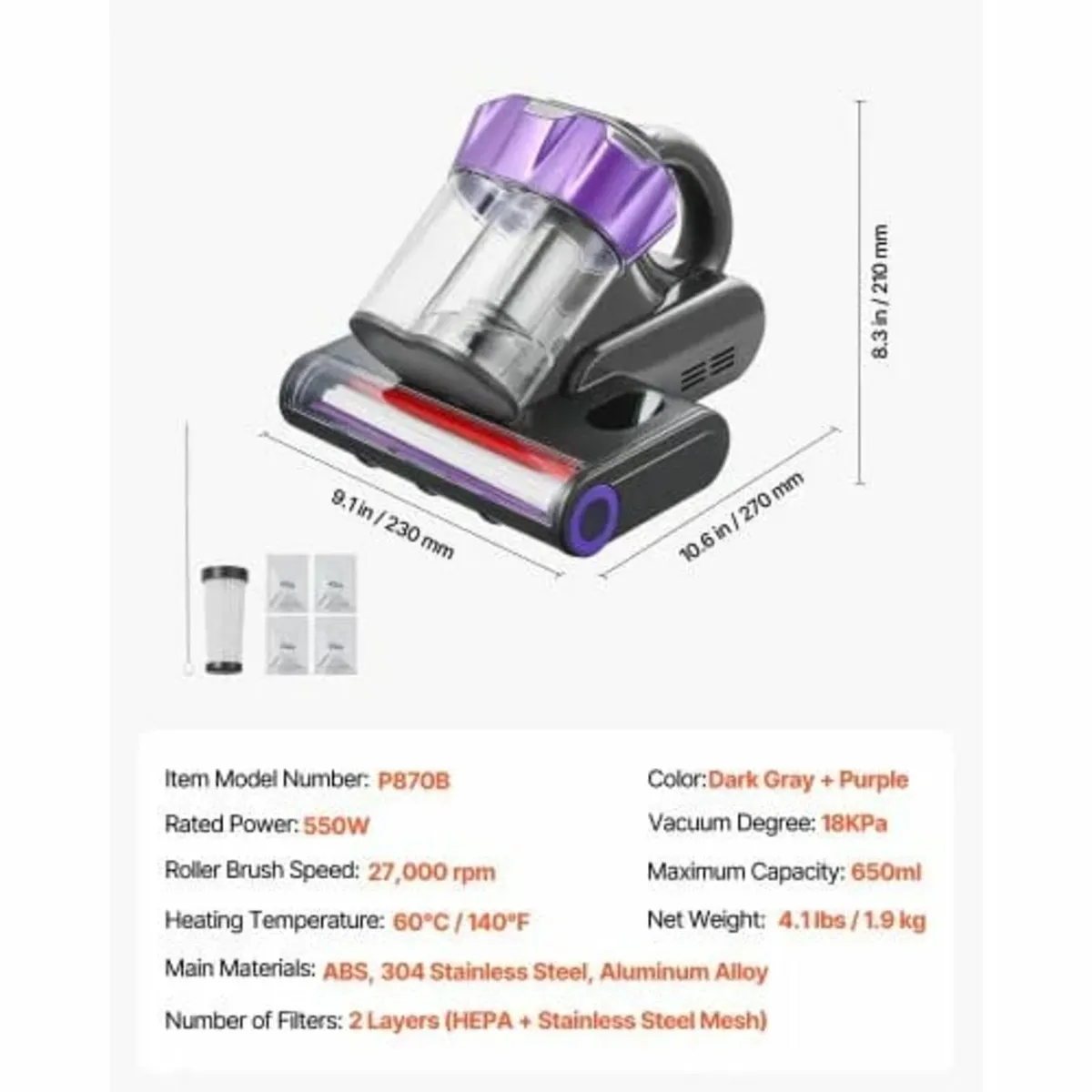 Mattress Vacuum Cleaner, 550W Bed Vacuum Cleaner w - Image 4