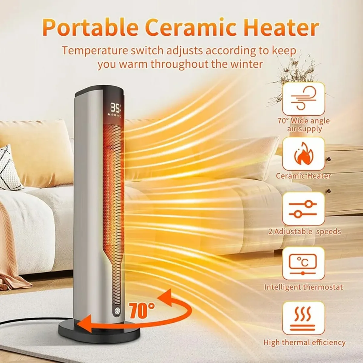 2000W Space Heater for Indoor Use, 60cm Height Por - Image 2
