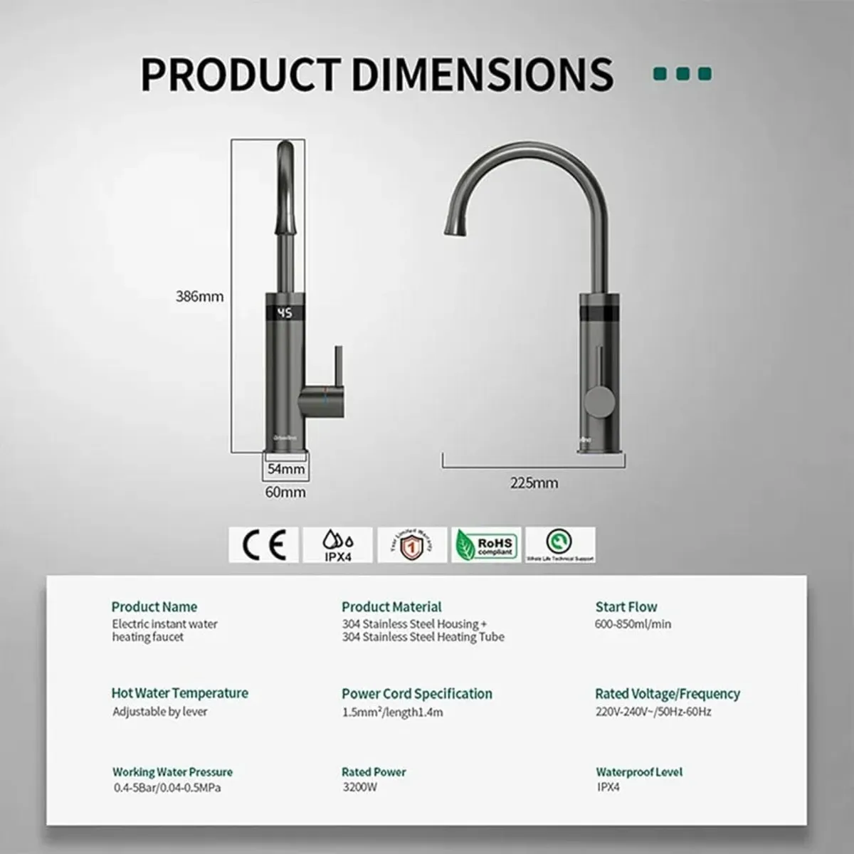 Electric Instant Water Heater Tap 220V, Stainless - Image 4