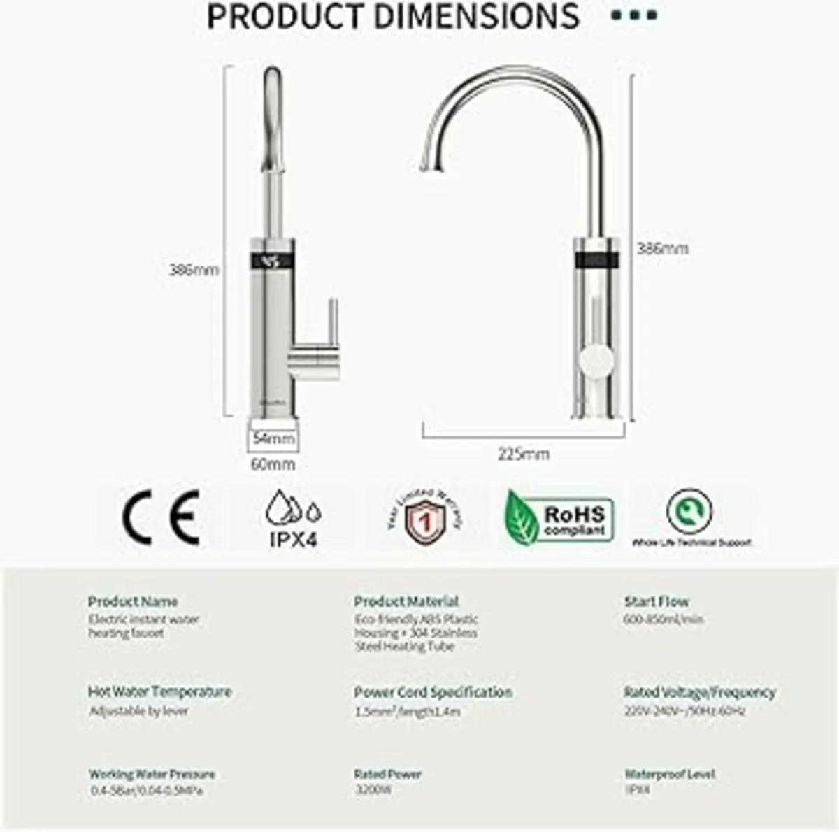 Kitchen Electric Instant Water Heater Tap 220V, St - Image 4