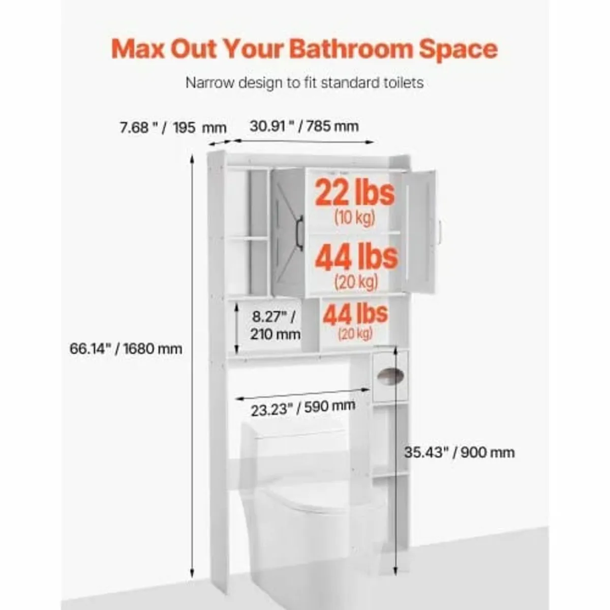 Over The Toilet Storage Cabinet, 168 cm Height Bat - Image 2