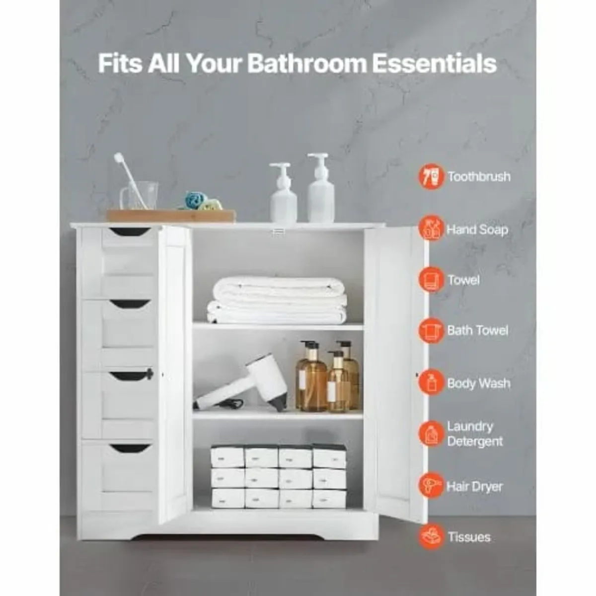 Bathroom Floor Cabinet, 3-Tier, Wooden Storage Org - Image 2