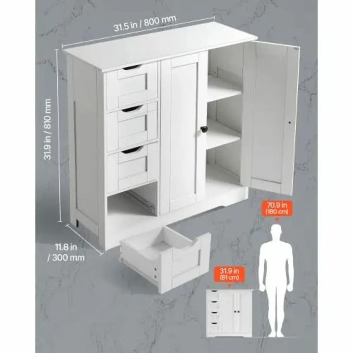 Bathroom Floor Cabinet, 3-Tier, Wooden Storage Org - Image 4