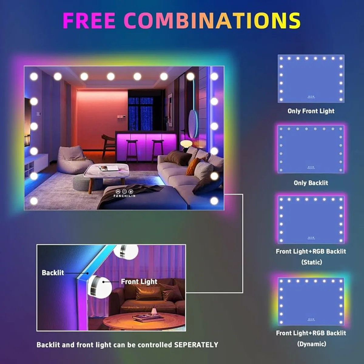 Mirror with RGB Backlit 18 LED Vanity Mirror with - Image 4