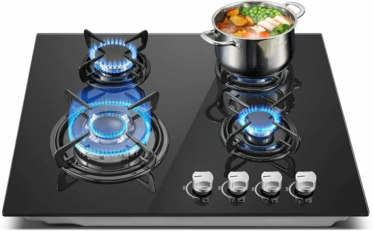 Gas Hob 4 Burners, 60cm Black Glass Built-in Cookt - Image 1