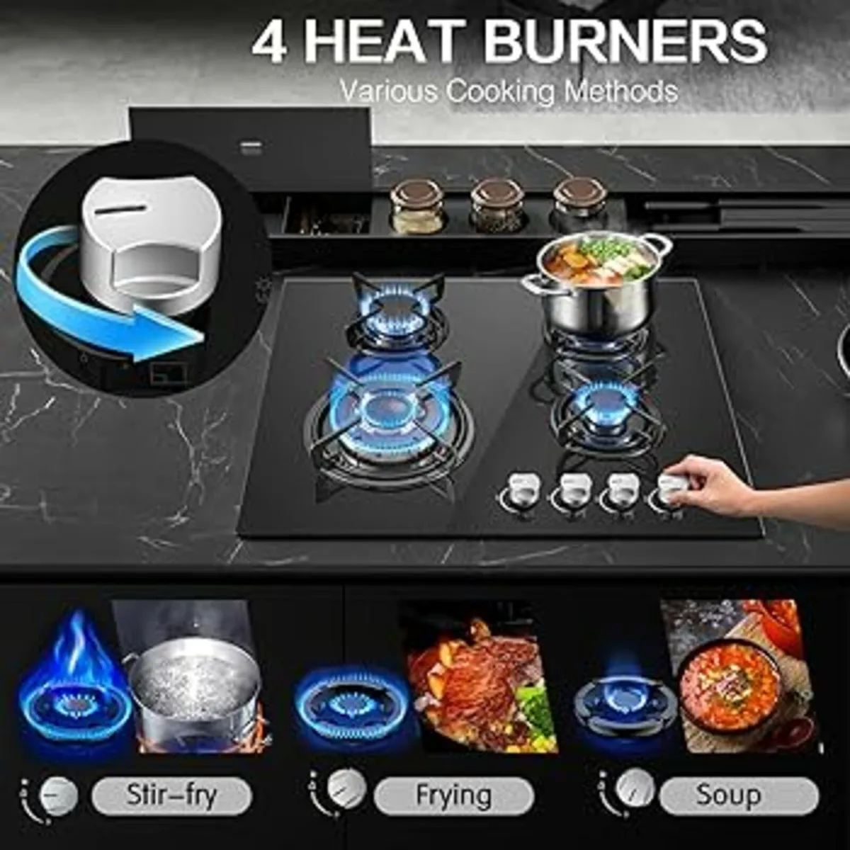 Gas Hob 4 Burners, 60cm Black Glass Built-in Cookt - Image 2