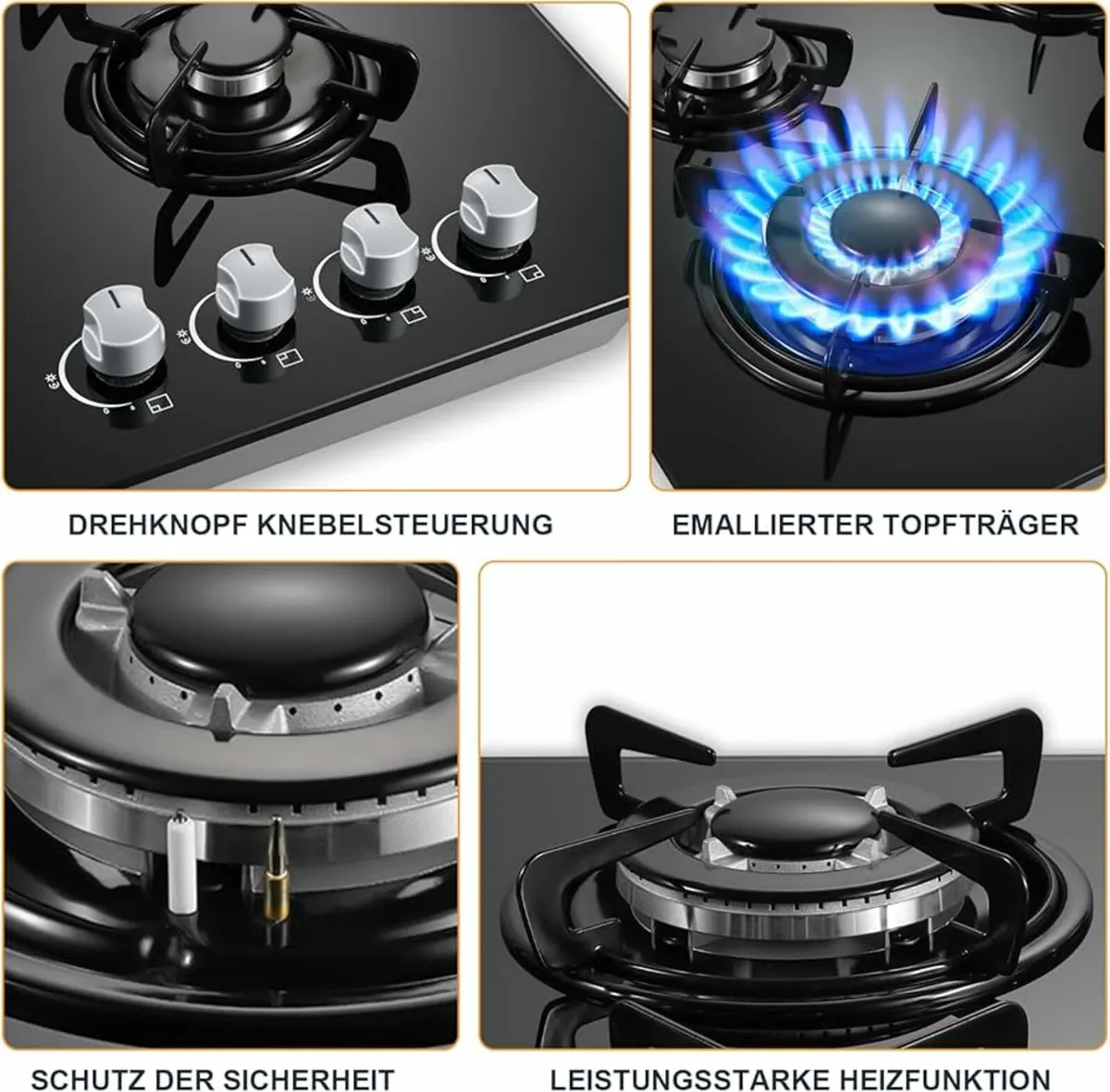 Gas Hob 4 Burners, 60cm Black Glass Built-in Cookt - Image 4
