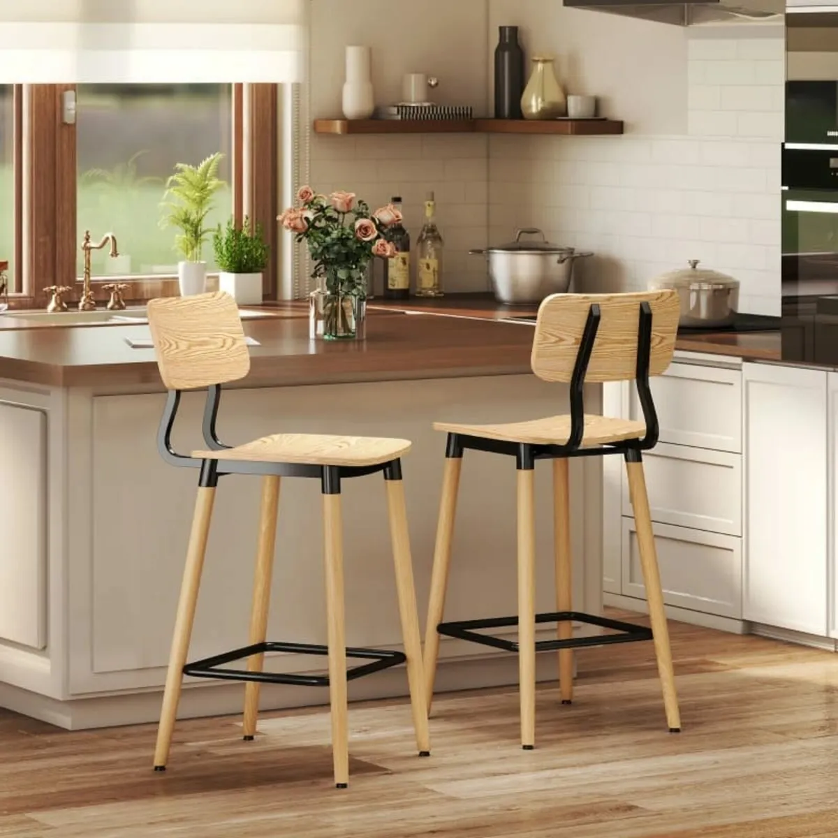 2-Piece Bar Stool Set with Backrest, Bar Stools fo - Image 4