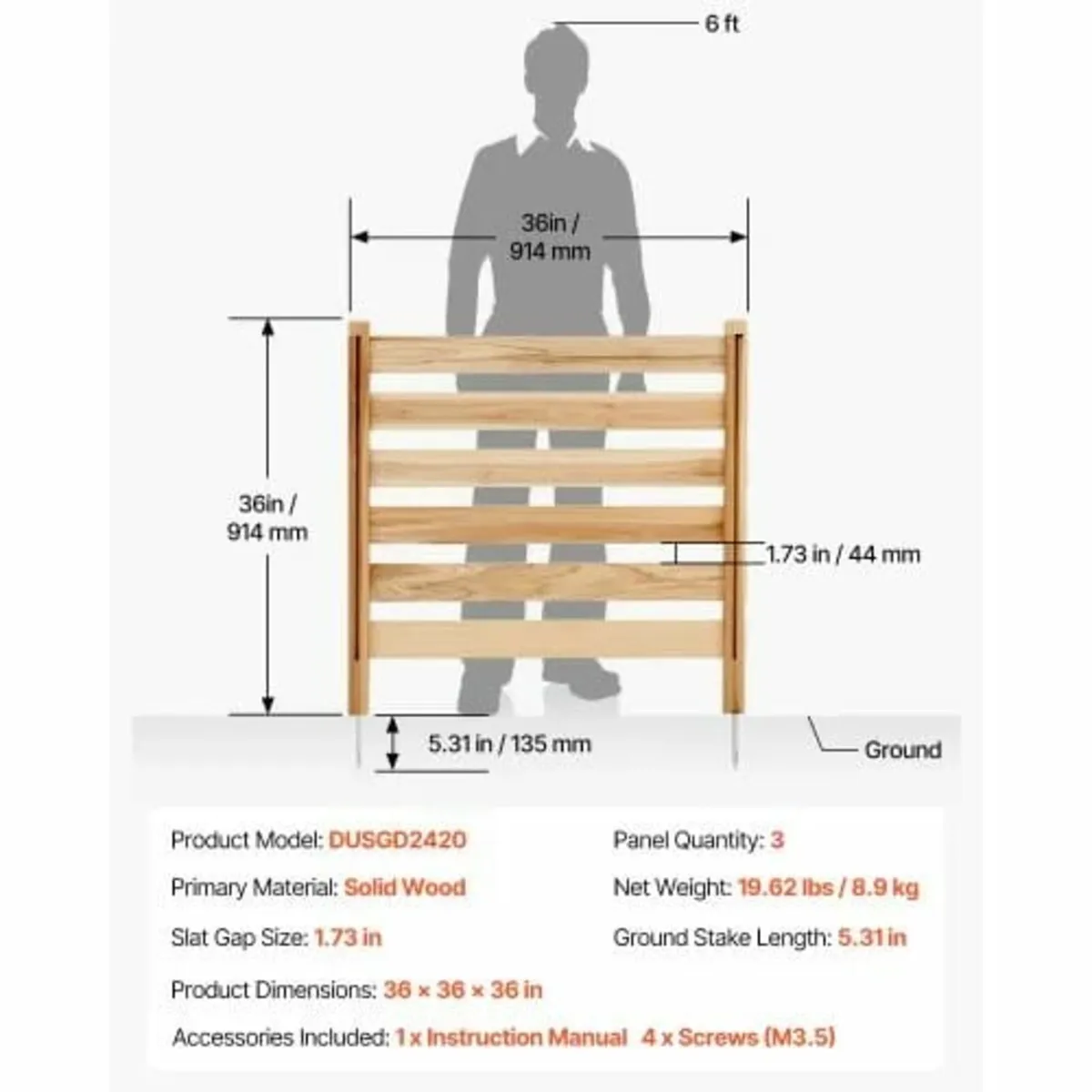 Wood Privacy Fence, 36" W x 36" L, 3 Panel Slatted - Image 2