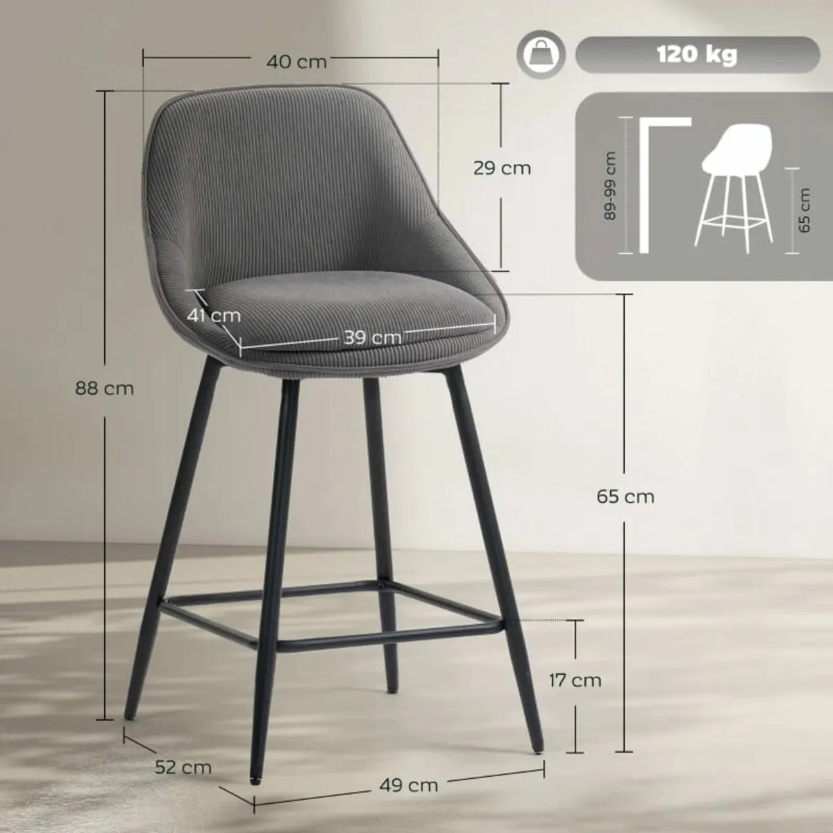 Set of 2 Bar Stools with Cord Upholstery and Steel - Image 2
