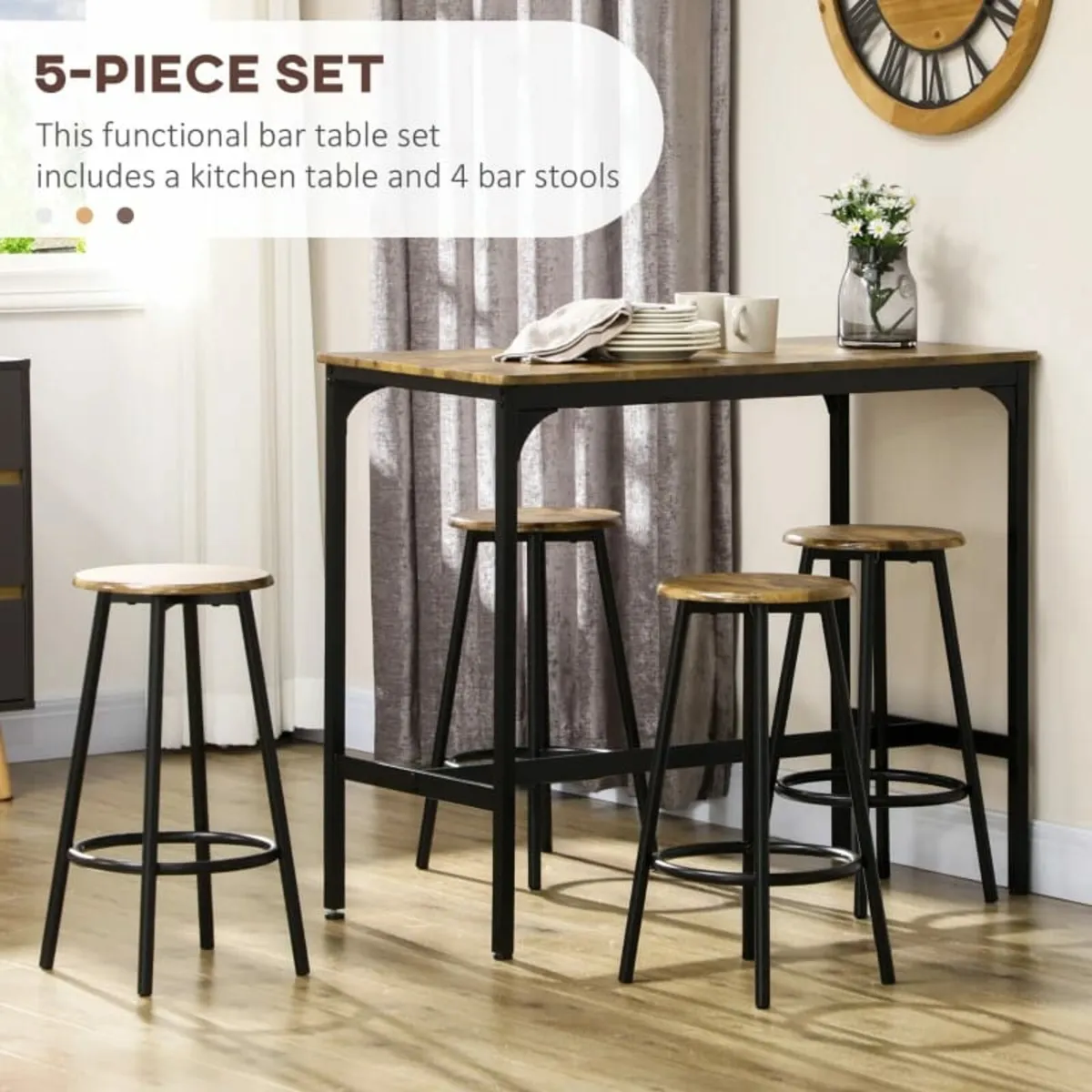 Five-Piece Industrial-Style Bar Table Set - Brown/ - Image 2