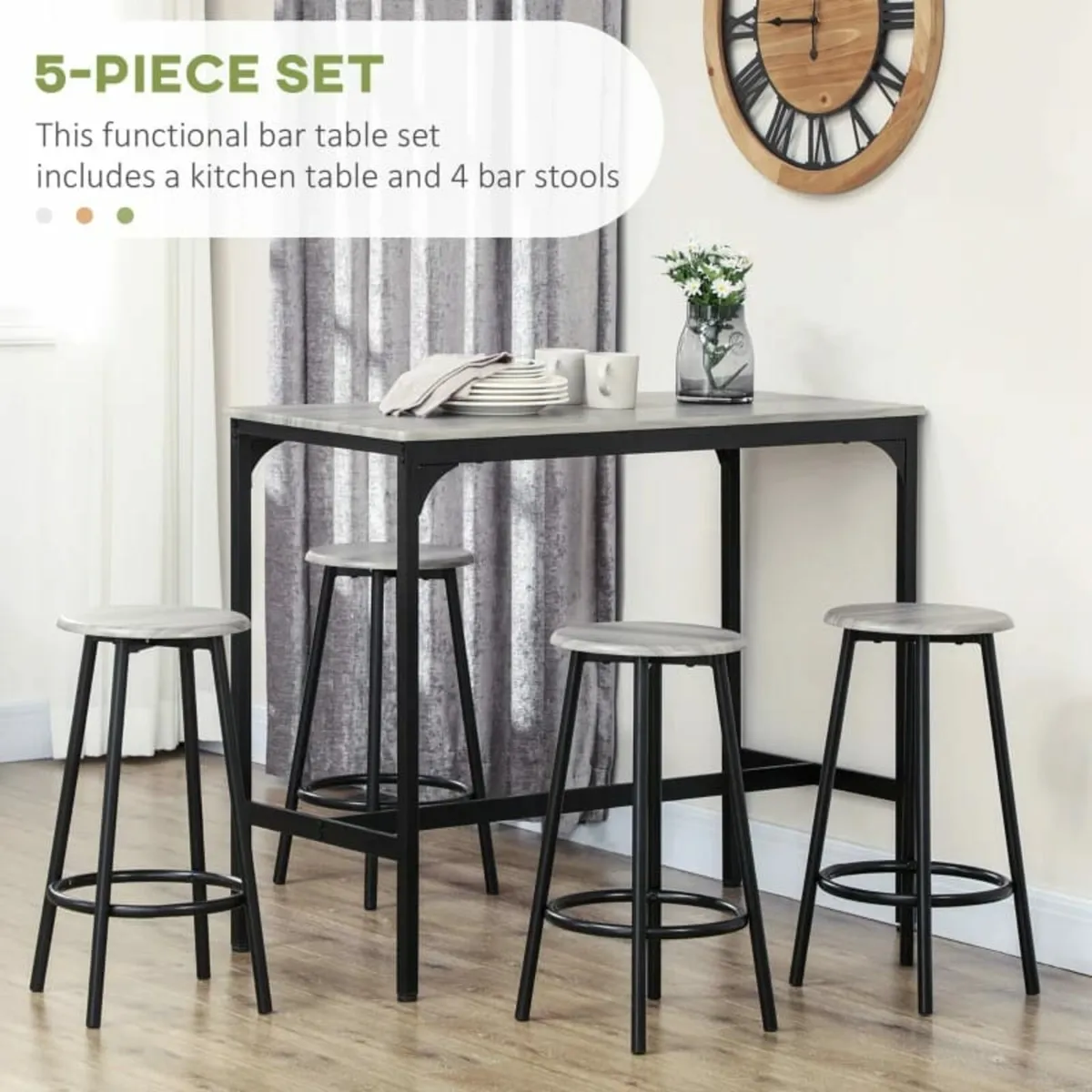 Five-Piece Industrial-Style Bar Table Set - Grey/B - Image 3