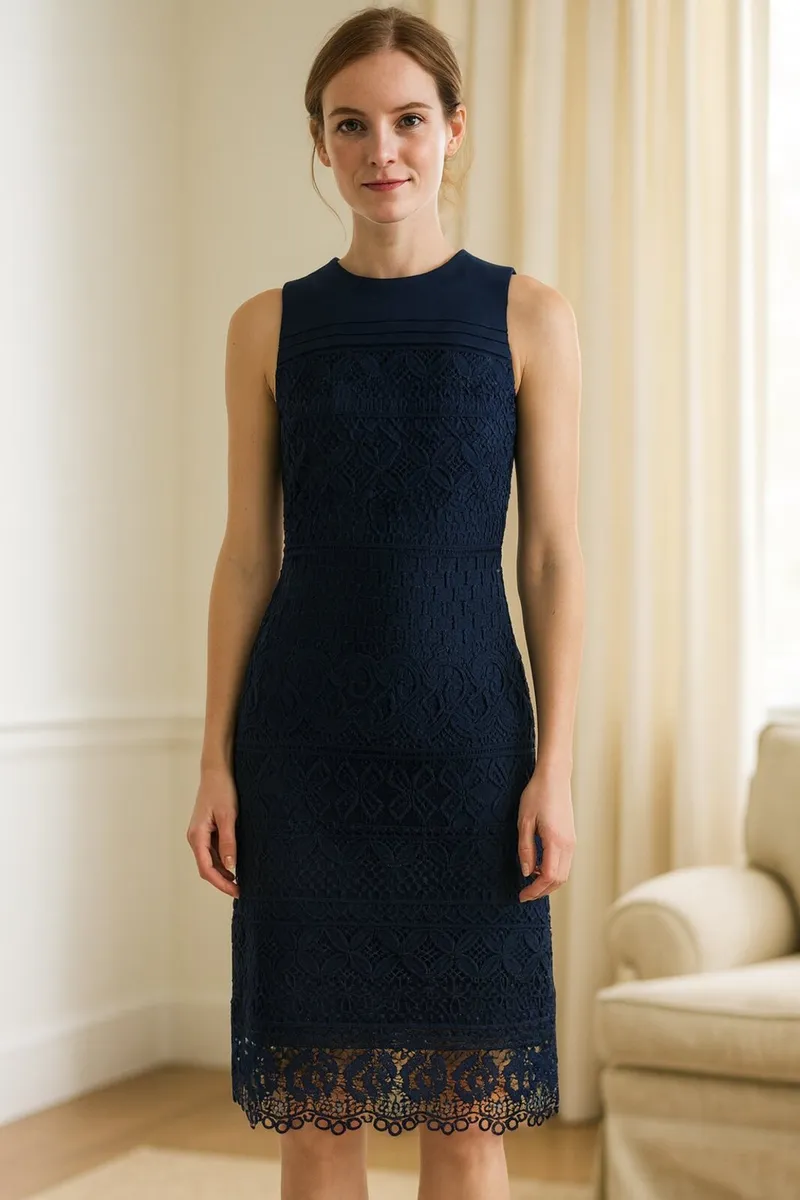 BNWT Ladies Navy Linen/Lace Dress: Size 8 - Image 1