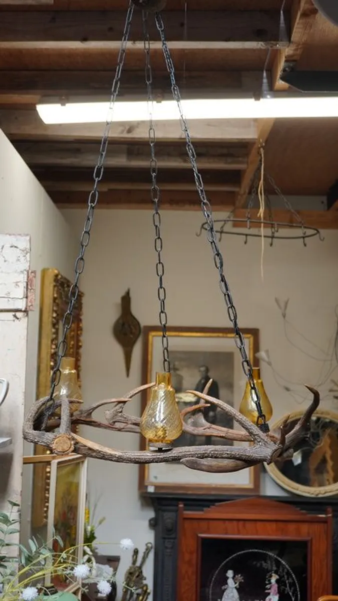 Rustic Antler Chandelier with Amber Glass Shades - Image 1