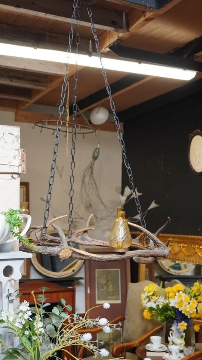 Rustic Antler Chandelier with Amber Glass Shades - Image 2