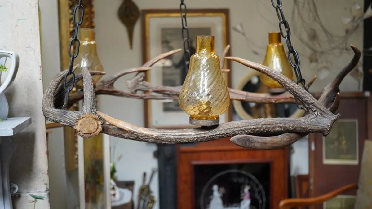 Rustic Antler Chandelier with Amber Glass Shades - Image 3