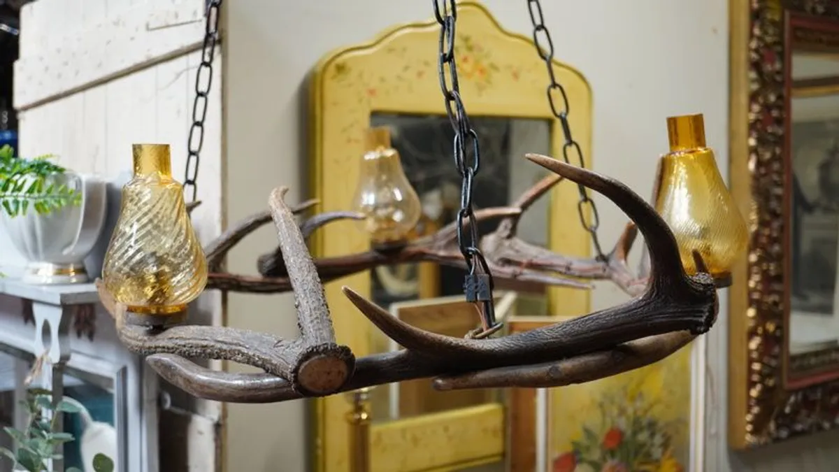 Rustic Antler Chandelier with Amber Glass Shades - Image 4