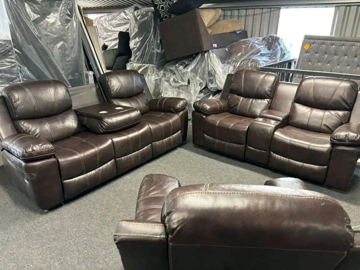 Brown 3+2+1 Leather Recliner Sofa With Cupholders - Image 2