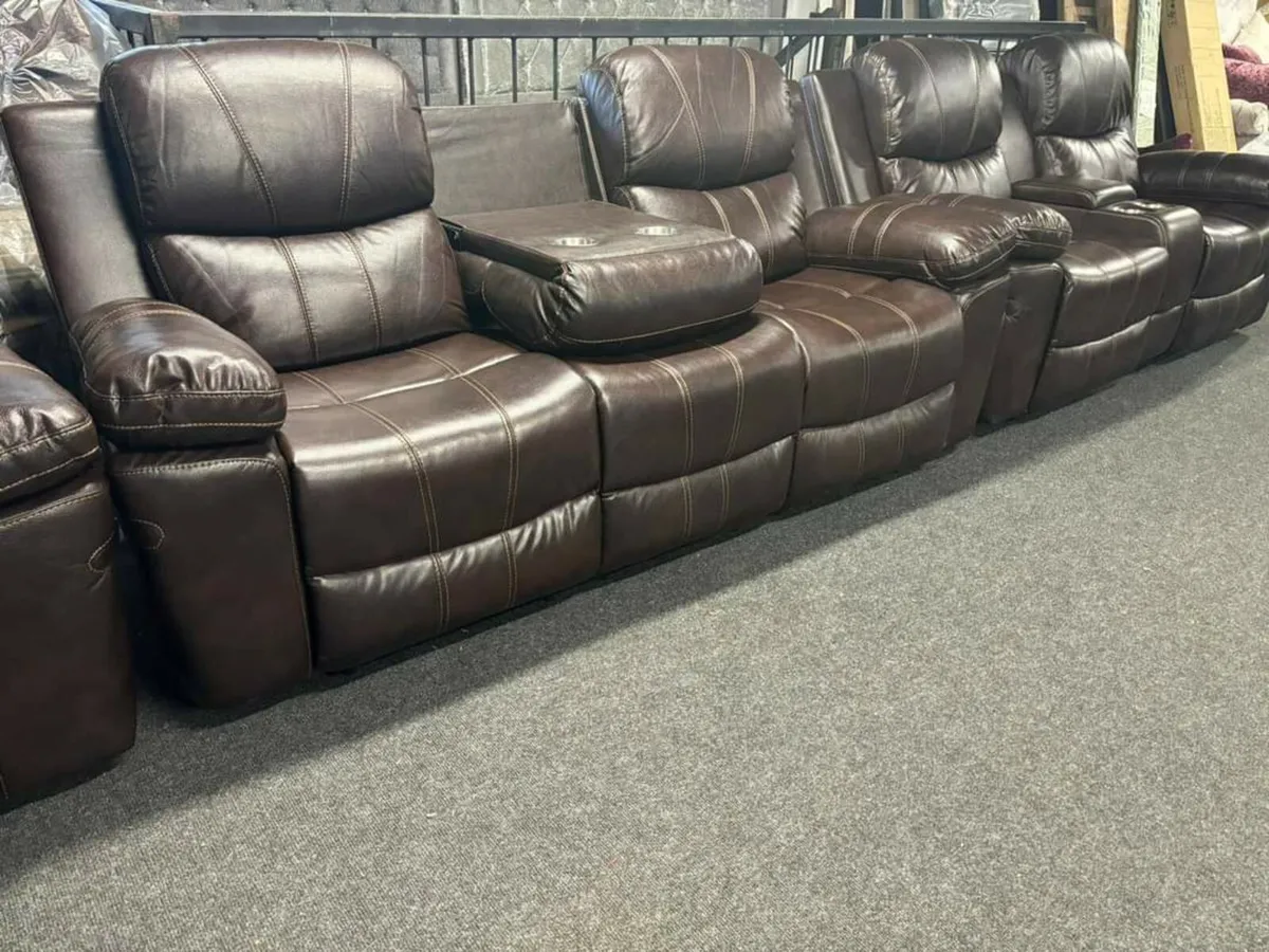 Brown 3+2+1 Leather Recliner Sofa With Cupholders - Image 4