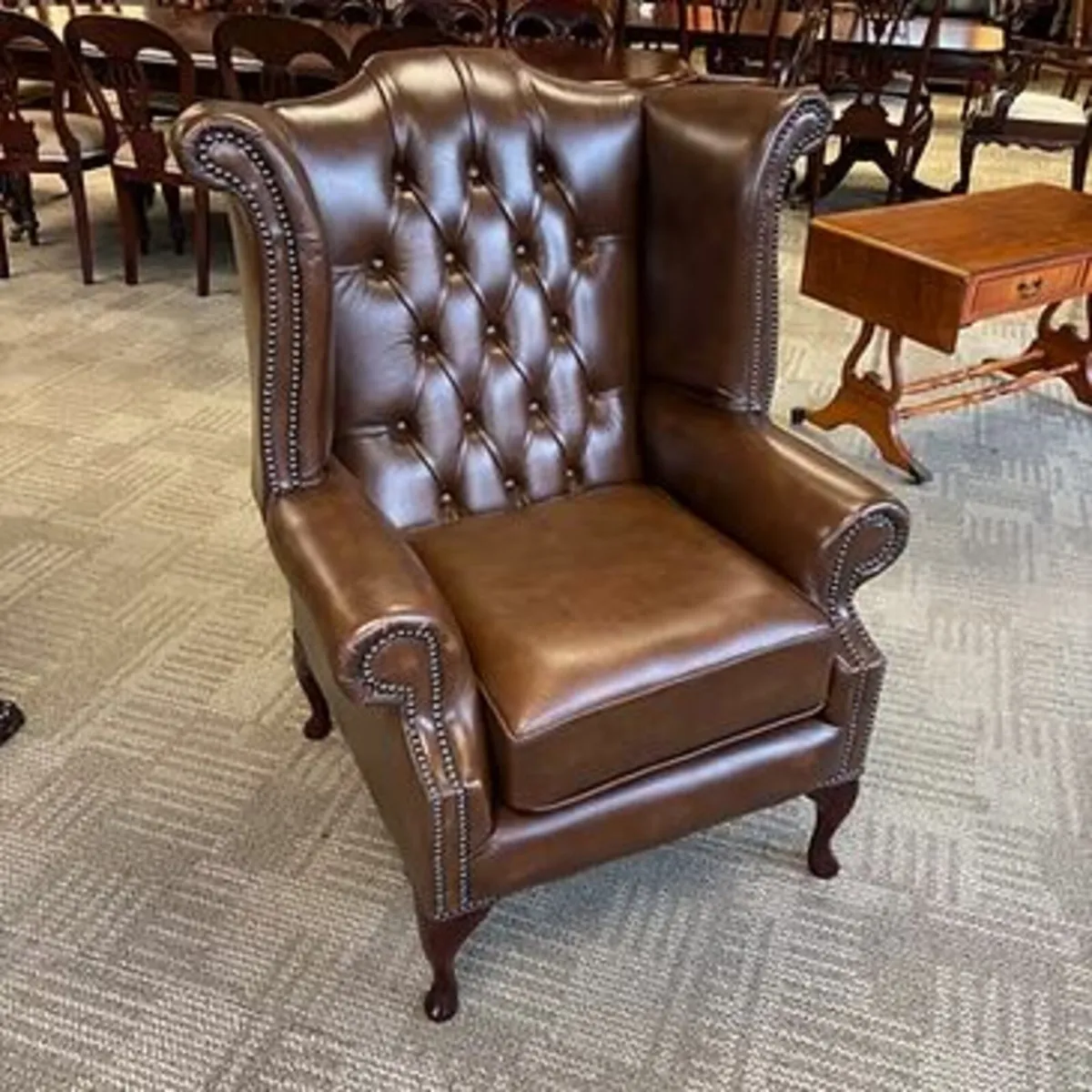 Queen Anne high back Chesterfield arm chair - TAN.
