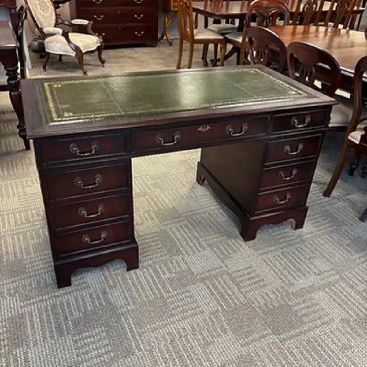 Mahogany deep green leather top twin pedestal writ