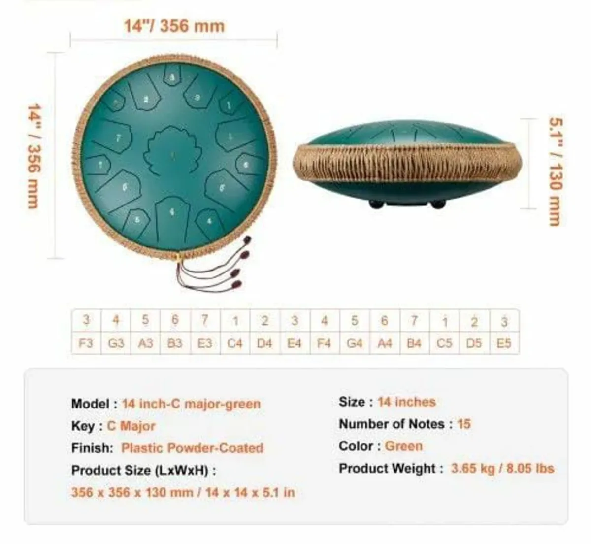 Steel Tongue Drum 35.6 cm 15 Notes Rain Drum for O - Image 2