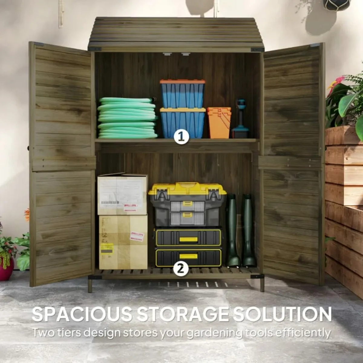 59 x 103.5 cm Two-Tier Wooden Garden Shed - Olive - Image 3