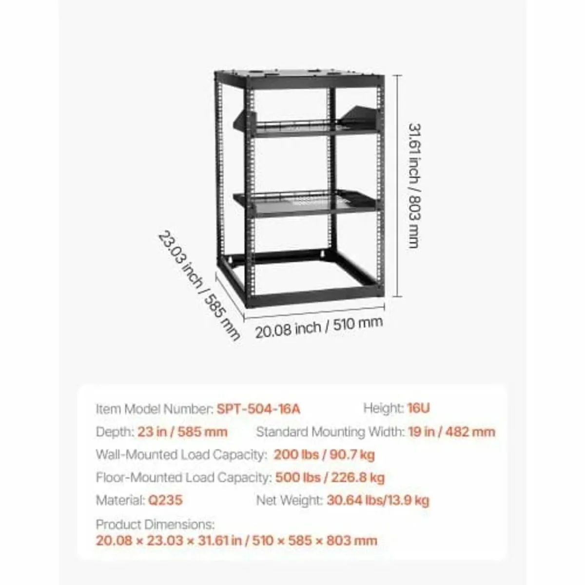 16U Open Frame Network Rack, 585 mm Depth, Wall Mo - Image 3