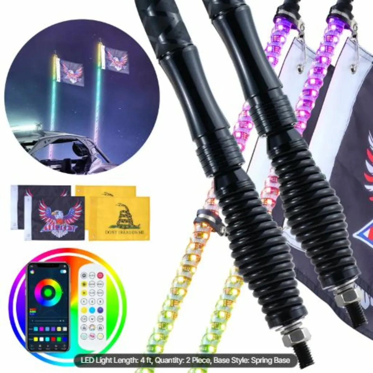 2 PCS 4 FT Whip Light with Spring Base, Led Whip - Image 1