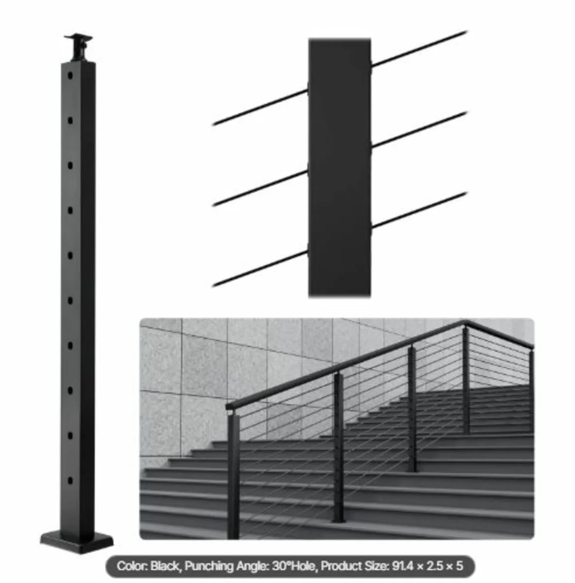 Cable Railing Post,36" x 1" x 2" Steel 30° Angled - Image 1