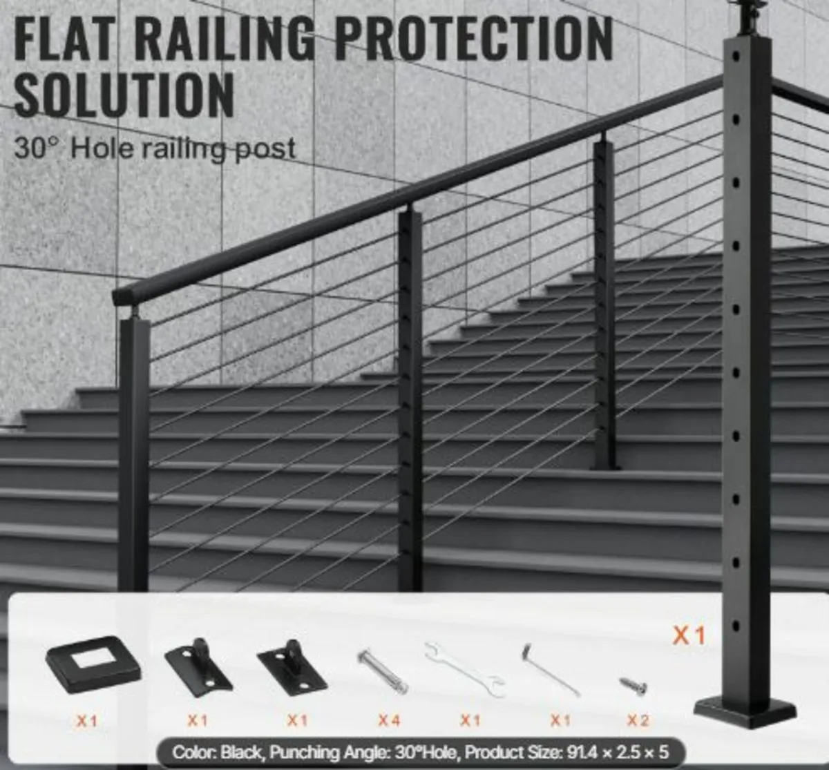 Cable Railing Post,36" x 1" x 2" Steel 30° Angled - Image 2