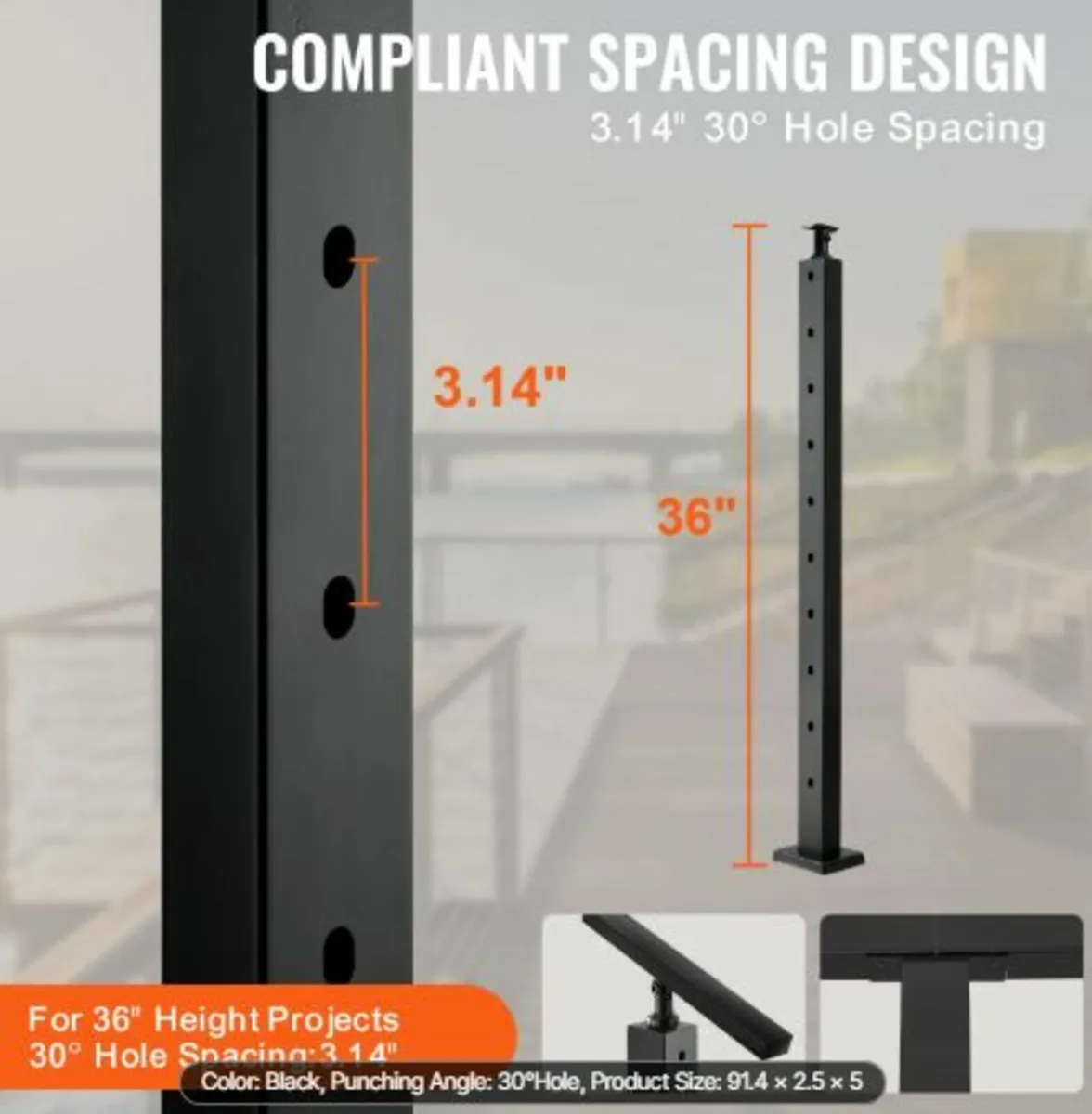Cable Railing Post,36" x 1" x 2" Steel 30° Angled - Image 3