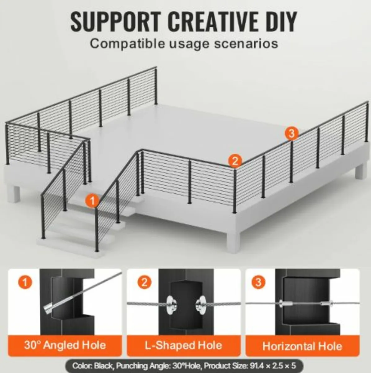 Cable Railing Post,36" x 1" x 2" Steel 30° Angled - Image 4