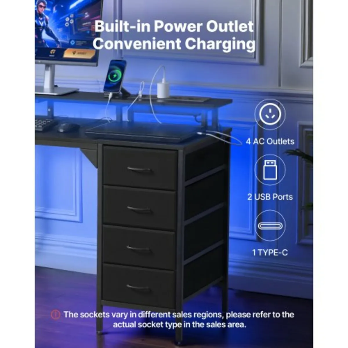 120 cm Computer Desk with Smart LED Lights and Pow - Image 2