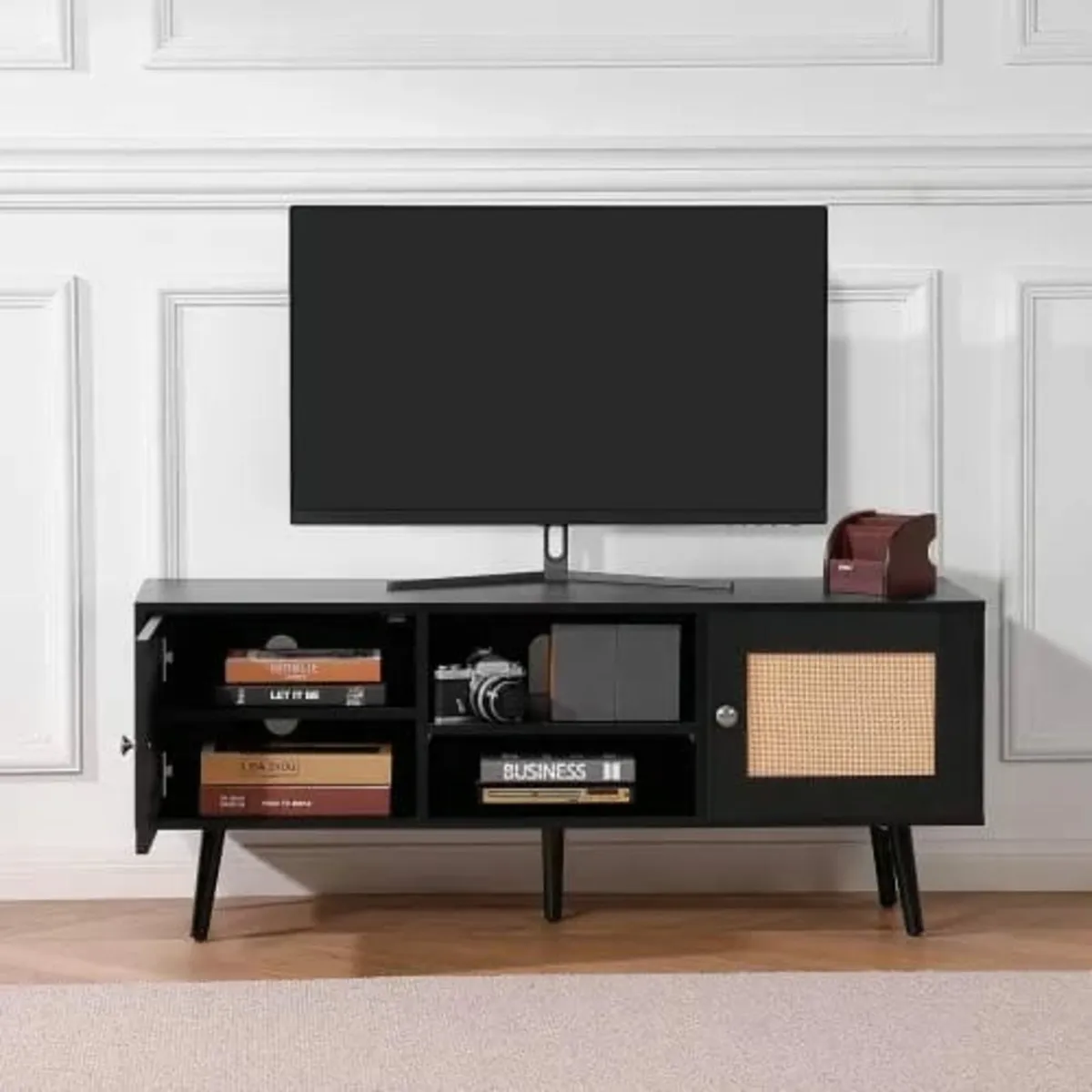 TV Stand, Boho TV Cabinet for 55 inch TV, Mid Cent - Image 1