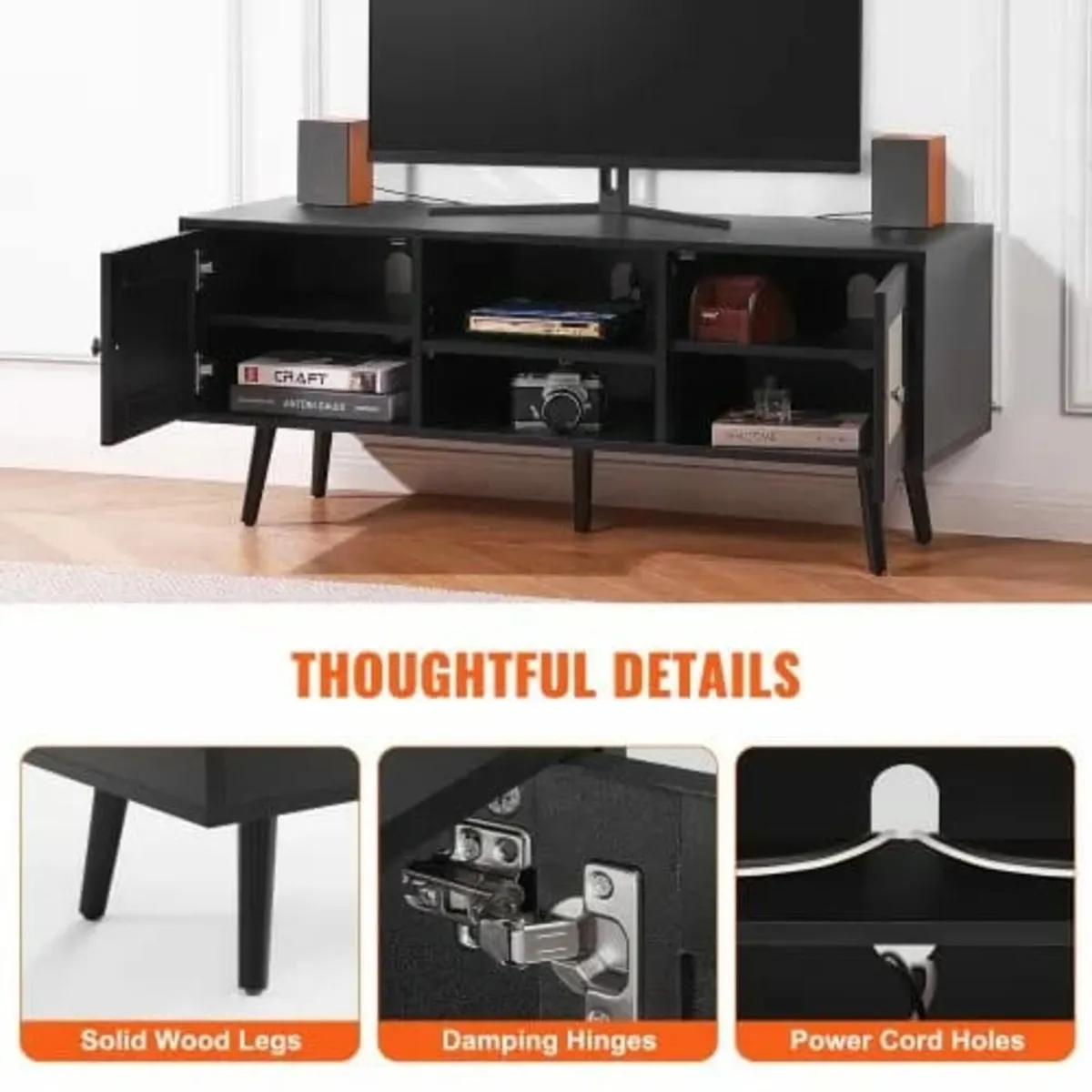 TV Stand, Boho TV Cabinet for 55 inch TV, Mid Cent - Image 4