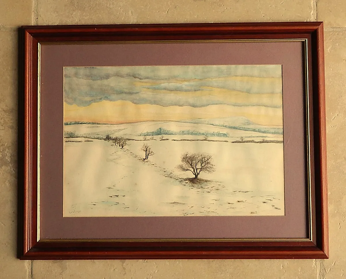 Large Signed Vintage Watercolour  Winter Landscape - Image 1